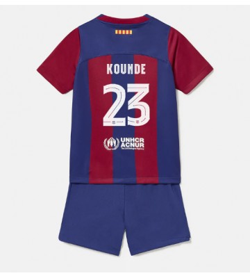 Lacne Dětský Futbalové dres Barcelona Jules Kounde #23 2023-24 Krátky Rukáv - Domáci (+ trenírky)